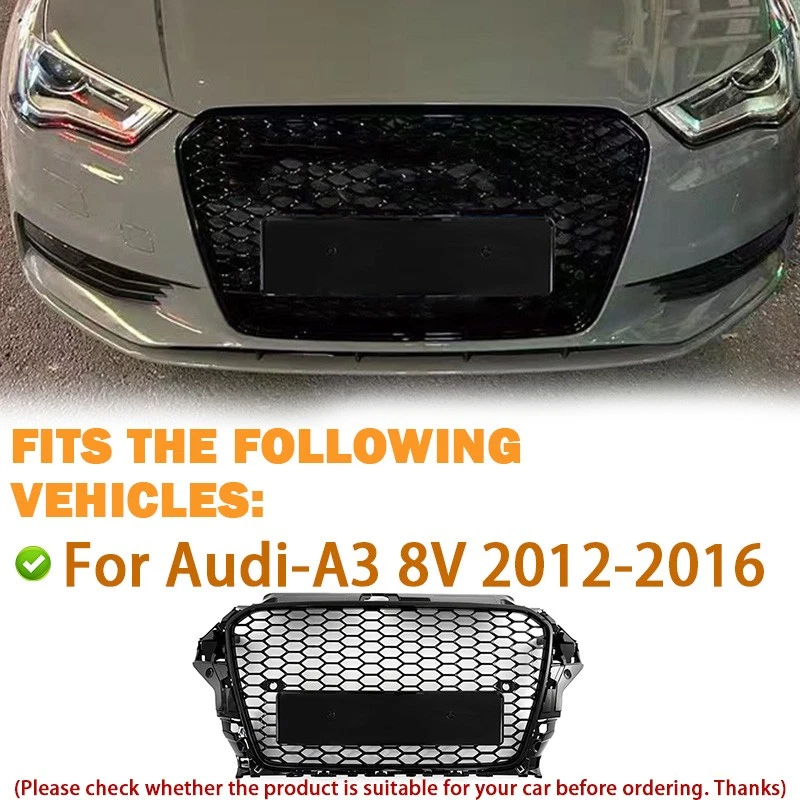 For 2014~2016 Audi A3 8V RS3 Style Front Grille (Glossy Black Frame + Honeycomb) Foto 2 de 4