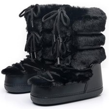 Furry Faux Fur Boots for Women Fuzzy Fluffy Winter Snow Boots Mid Claf 8-9 Black
