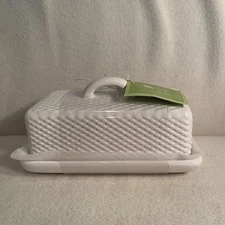 Willow Street Pantry White Ceramic Butter Dish W/ Lid Diamond Pattern EUC