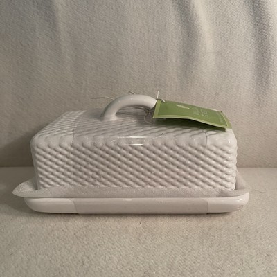 Willow Street Pantry White Ceramic Butter Dish W/ Lid Diamond Pattern EUC