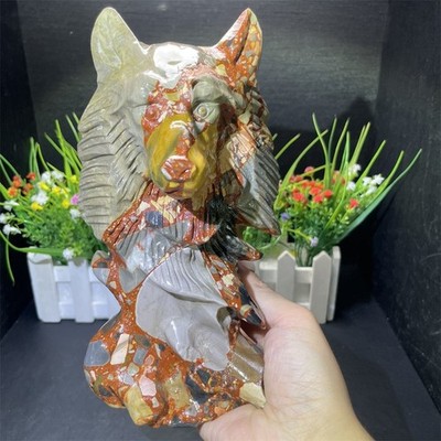3.9LB 8.2''Natural Nongken Jasper Wolf Carved Crystal Quartz Figurine Gift Decor