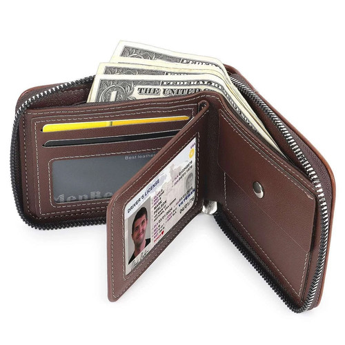 Portafoglio Uomo Pelle Blocco RFID Porta Carte di Credito ID Cerniera Borsello Impermeabile - Foto 9 di 14