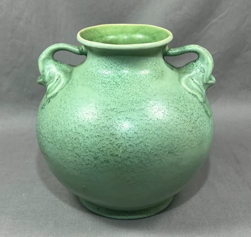 Vtg Red Wing RumRill Art Pottery Vase 215 Double Elephant Handle Matte Green 30s