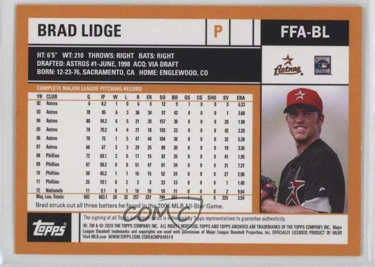 2020 Topps Archives Fan Favorites Auto Brad Lidge #FFA-BL Auto - Image 2 of 2