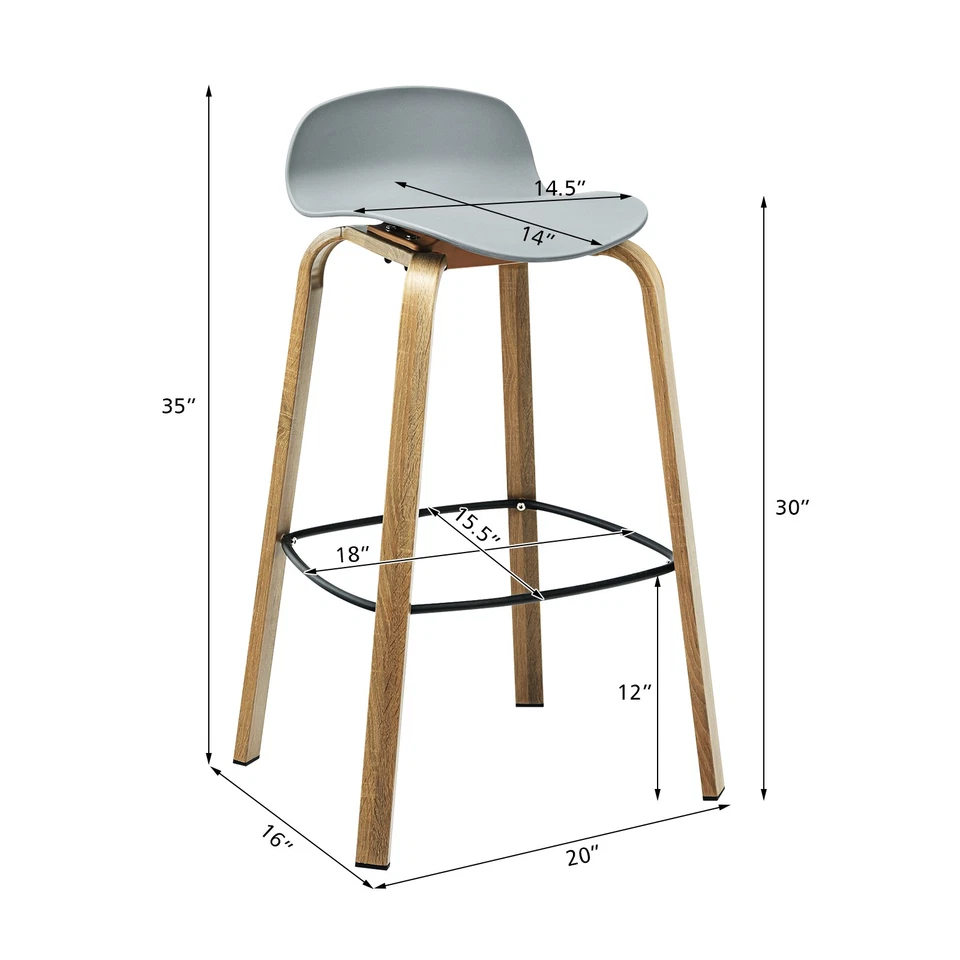 Costway Modern Set of 2 Barstools 30inch Pub Chairs w/Low Back&Metal Legs Grey - Image 2 of 4