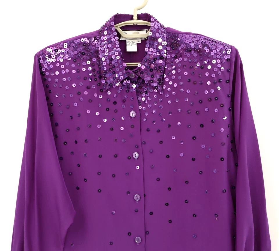 NUEVA DIANE GILMAN Blusa Para Mujer Seda Manga Larga Cuello Lentejuelas Púrpura Talla L Foto 3 de 4