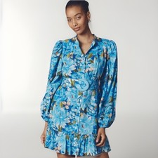 Farm Rio X Anthropologie Long-Sleeve Mini Swing Dress Belted Blue Floral S NWT