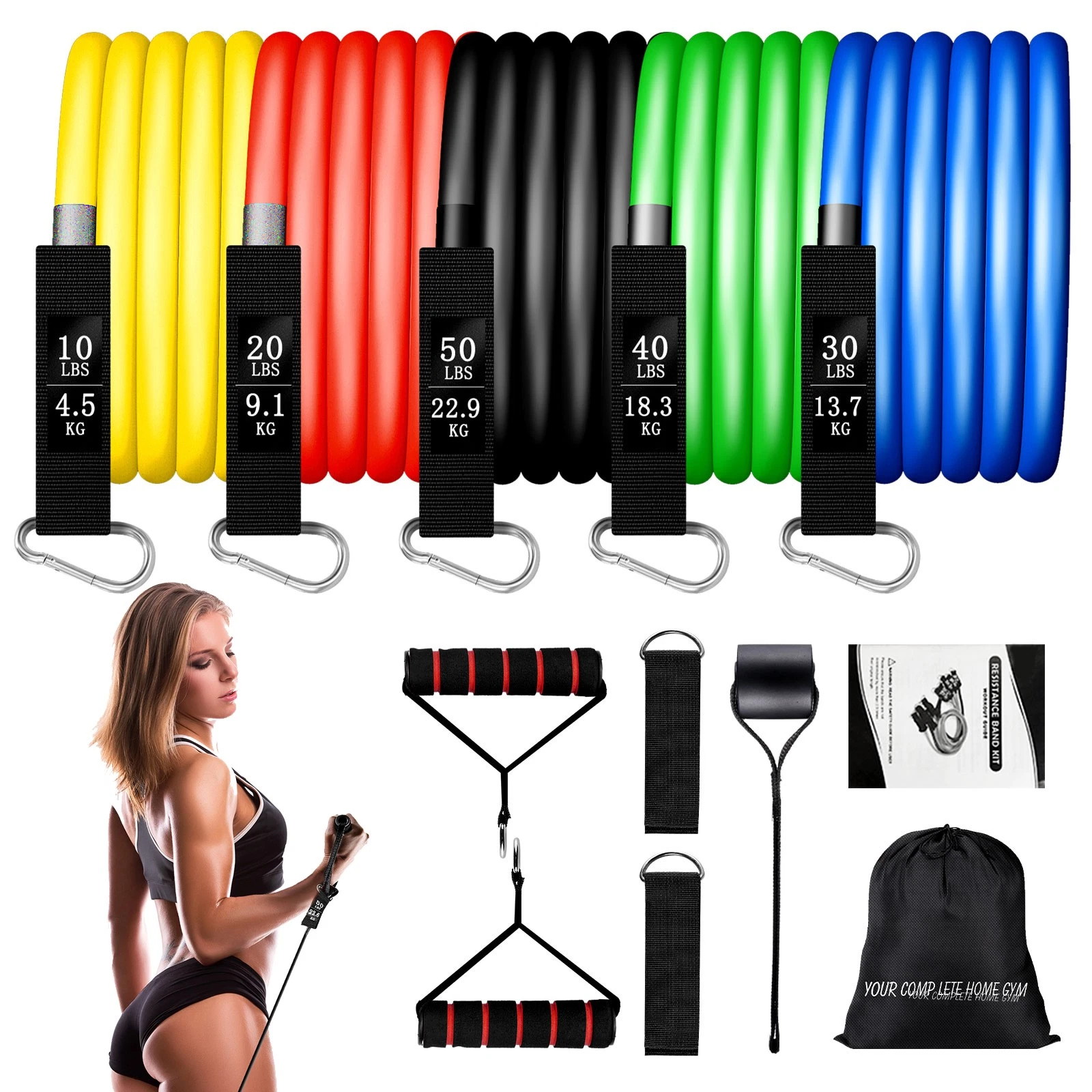 11PCS Resistance Bands Set 100/150lbs Home Gym Accessories for Training Workouts