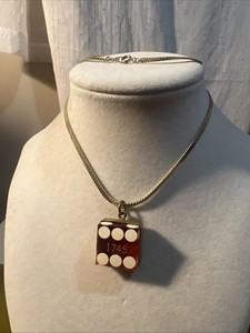 Authentic Vintage Cherry Red Casino Dice Pendant Gold Plated Herringbone Chain Necklace