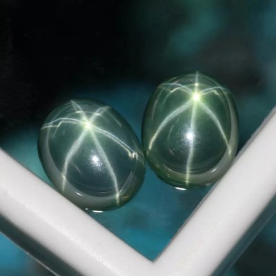 6 Rays Real Green Star Sapphire 15-17 Carat 2 Pcs Pair Stone for Earring