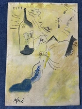 joan miro drawing and painting on old paper signed stamped vintage
