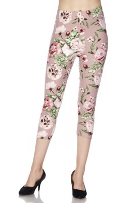 Mauve Rose Floral Buttery Soft One Size 0-10 Adult Capri Length Leggings