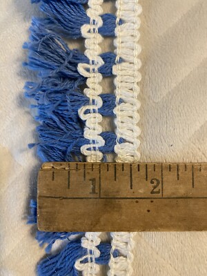 Vtg Blue white Gimp Fringe Trim Upholstery Curtain 3.75+ YD 2  Wide