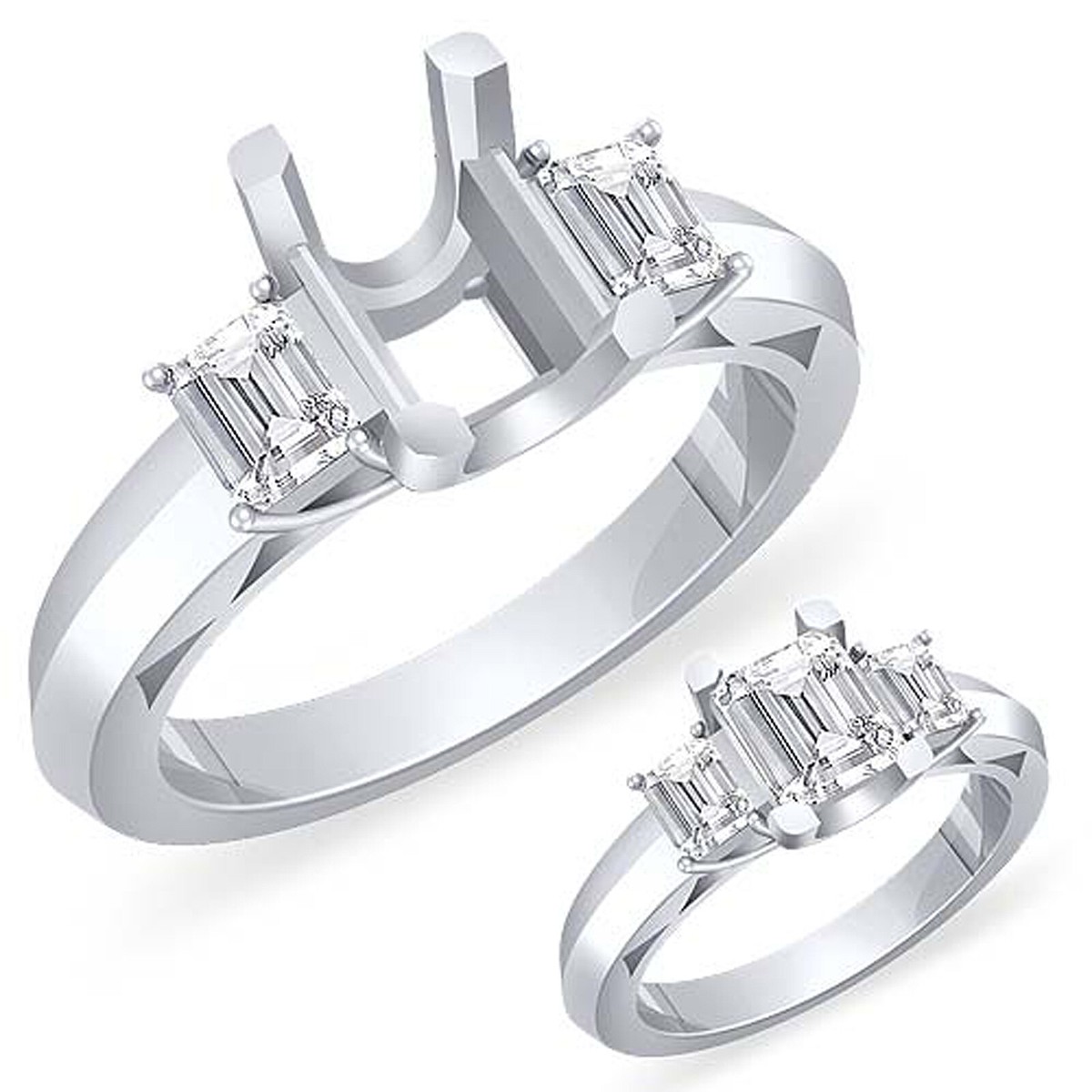 Emerald Three Stone Semi Mount F VS2 Diamond Engagement