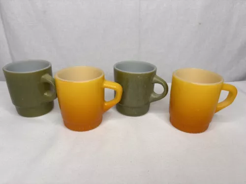 VTG Lot 4 Anchor Hocking Fire King Stackable Mug Two Toned Yellow Orange &Green