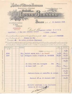 Rechnung.AM19852.Salon.1926.Louis Bernard.Olivenöl der Provence.Seife.Kaffee