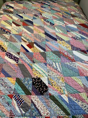 Vintage Quilt Crazy Pattern 60x79 Hand Quilted Great Old Fabric