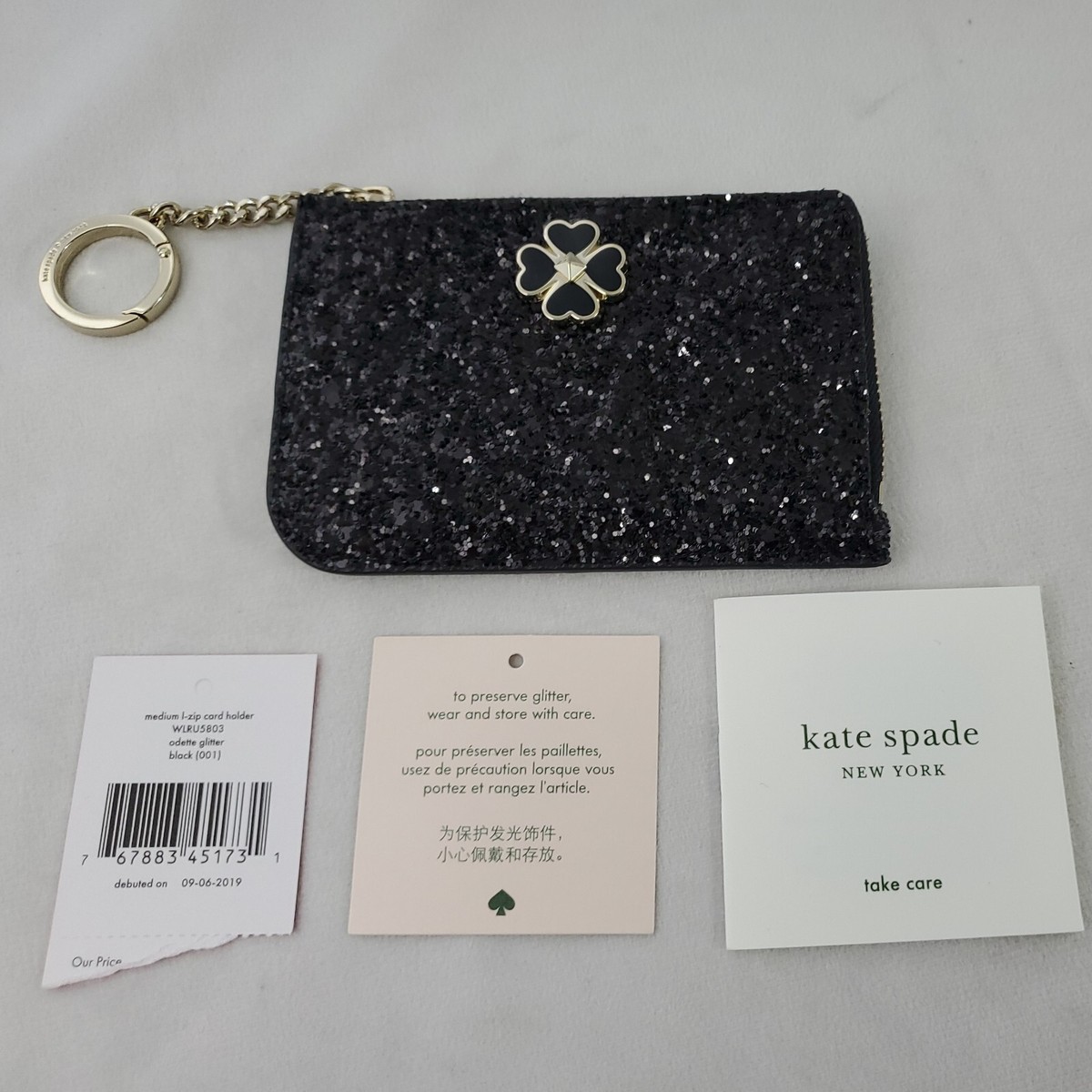 KATE SPADE NEW YORK ODETTE SMALL L-ZIP BLACK GLITTER CARD