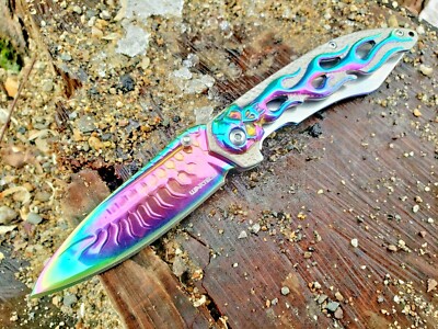 Rainbow Skull Flames 3CR13 Thumb Stud Pocket Knife Tip Up Carry