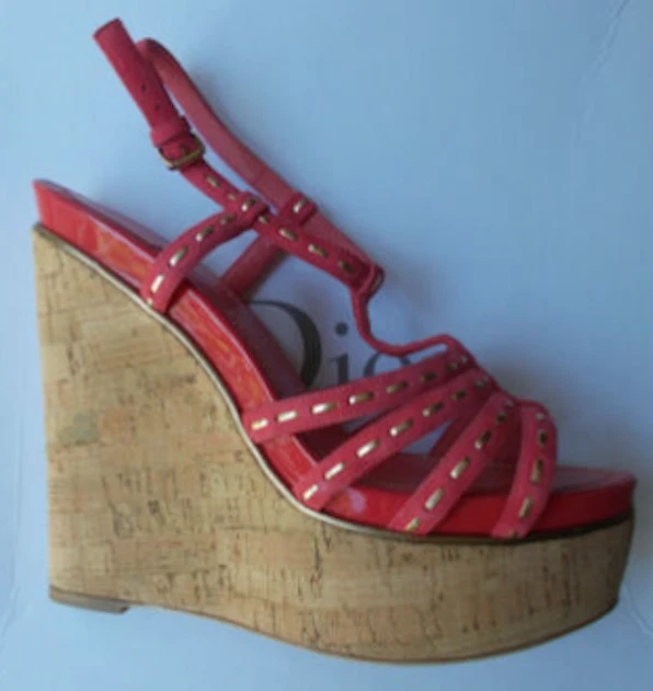 Sandales Christian Dior Antica coin plate forme liège daim corail 36