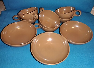 Vintage Melamine Dinnerware Brown Melmac Prolon Cups 7403, Bowls 7415  MCM