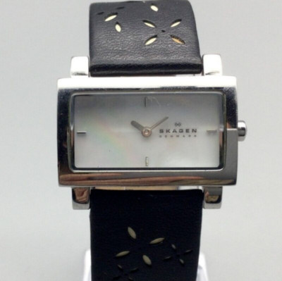 Skagen Watch Women 34mm Silver Tone MOP Dial Black Leather  display picture 2
