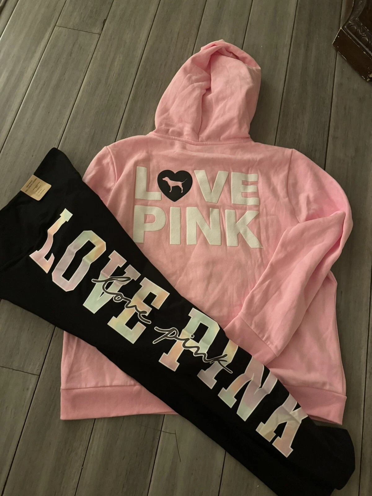 UNDERCOVER FELPA CON CAPPUCCIO E CERNIERA ROSA Victoria Secret Originals + set leggings XL ❤❤❤️