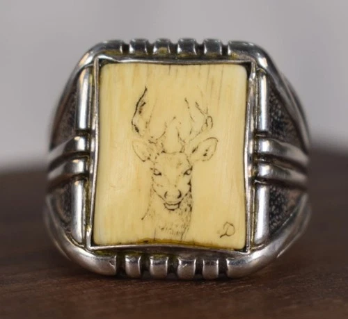 Vintage Native Signed JP Sterling silver Scrimshaw Deer Buck Inlay Ring