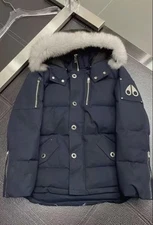 MOOSE KNUCKLES Navy Down Jacket Fur Hood Zipper Pockets M