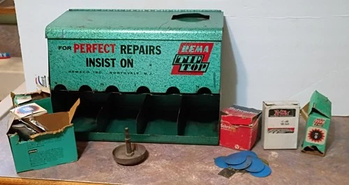 Vintage "REMA TIP TOP" TIRE TUBE REPAIR Metal DISPLAY CABINET w/ CONTENTS