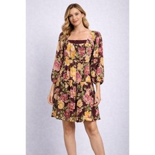 En Creme Dress Women Small Burgundy Floral Square Neck Tiered Mini Feminine