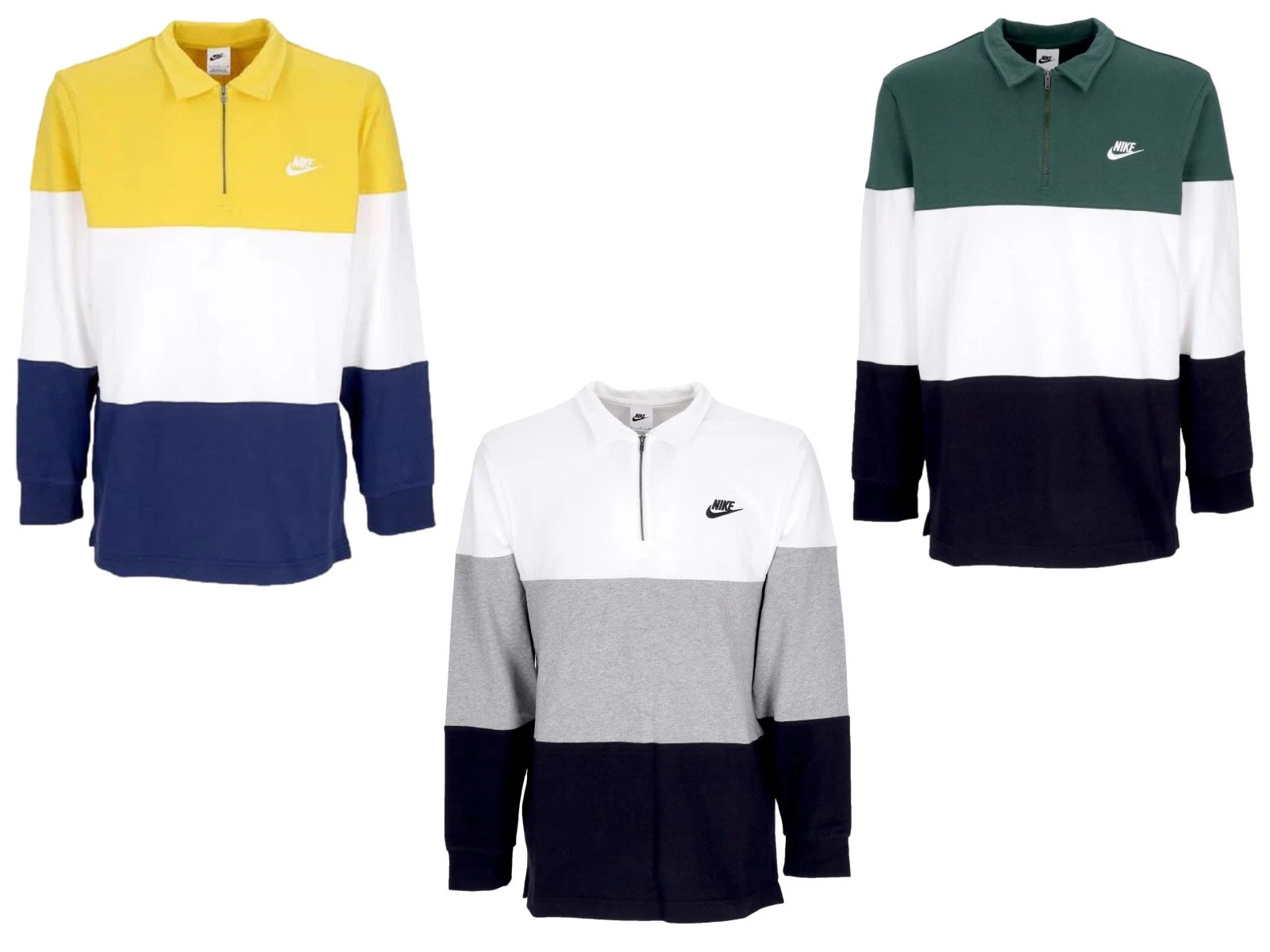 Mens Nike Club Polo Shirt Long Sleeve Striped Relaxed Brushed Jersey Zip Collar
