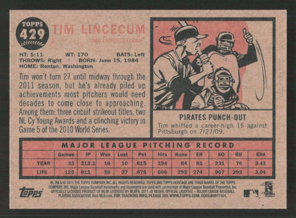 2011 Topps Heritage Tim Lincecum #429 Card - Image 2 of 2