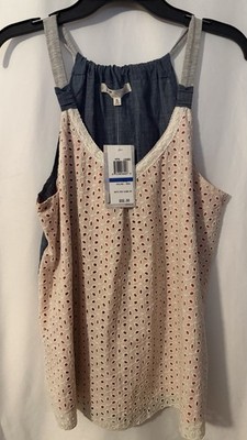 Jolt NWT Women s Cream Color Eyelet Lace Top Denim Accents&Red Lining UnderFront