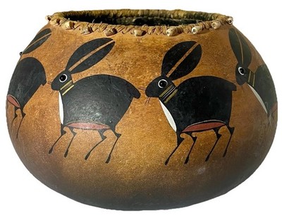 Hand-Painted Apache Gourd Bowl by Robert Rivera  Rabbits  Repaired, Pics