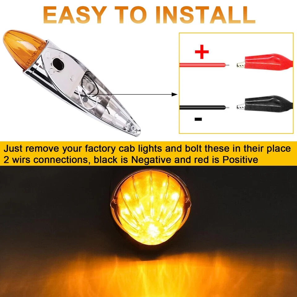 7Pcs LED Amber Torpedo Cab Marker Roof Lights for Trucks, Chrome Heavy Duty - Image 3 of 4