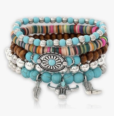Blue Turquoise Bracelets 5-Piece Set Wooden Beads Charms Boho Western Stack