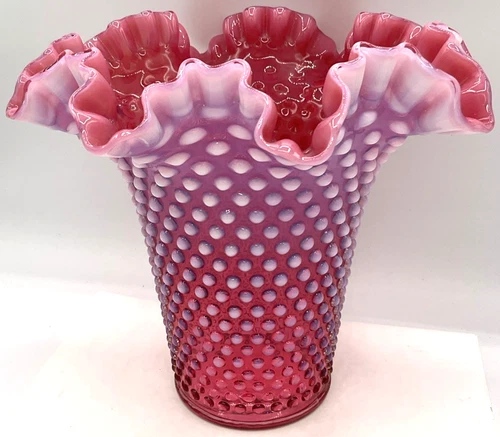 Vintage 8-inch Fenton Cranberry Pink Opalescent Hobnail Ruffled Art Glass Vase