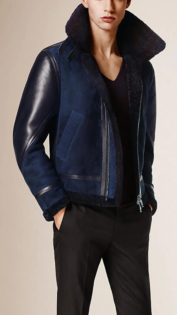 $4895 Burberry Shearling Leather Panel Zip Front Aviator Jacket Coat EU48 US38