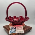 Fenton Art Glass Ruby Red Rose Pattern Basket Ruffled Edge Applied Handle w/ Tag