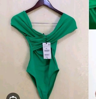 Zara Bodysuit Top Womens Size S Off Shoulder  Green  Blogger Fav Casual 1165 465
