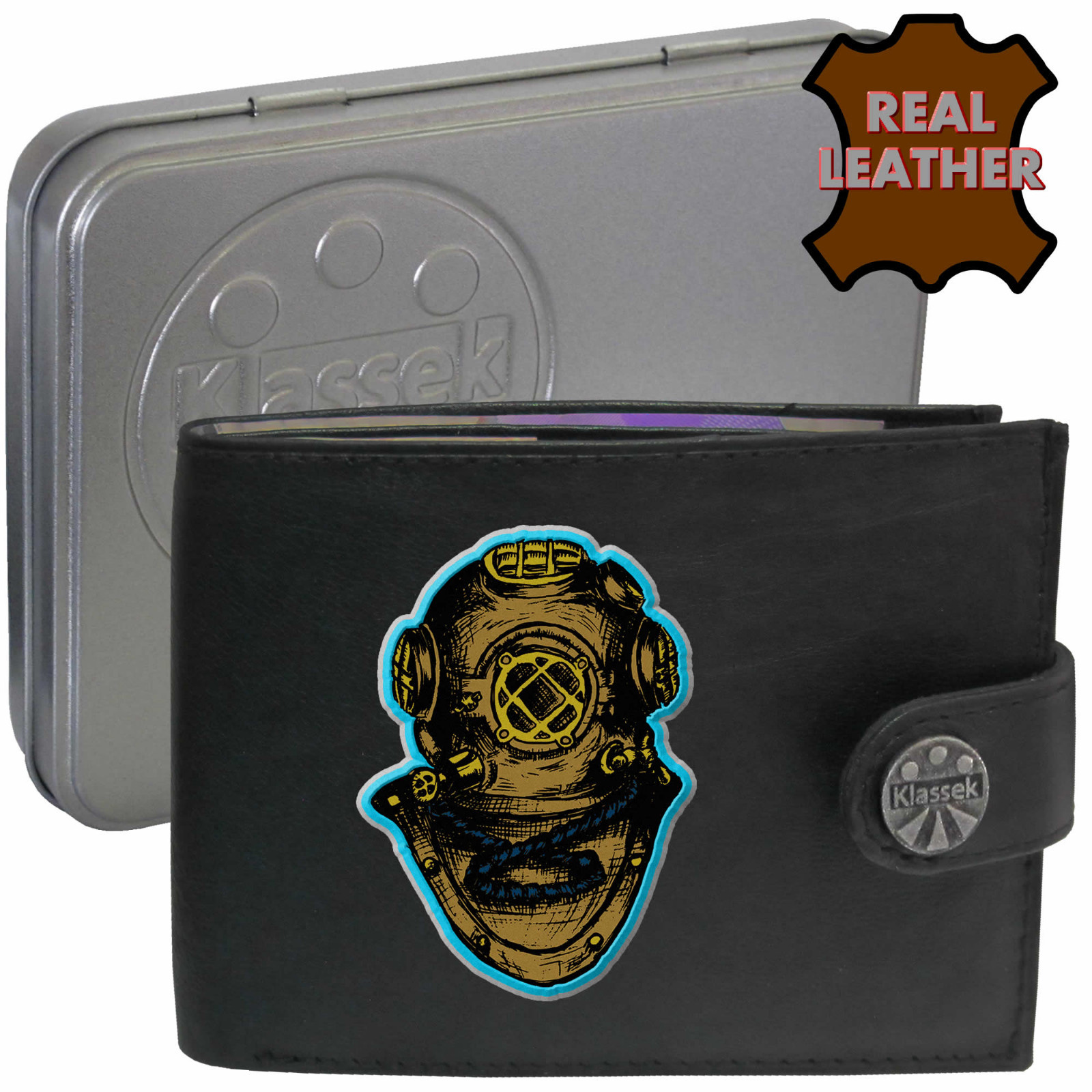 Diver  Wallet Leather Old Divers Helmet Soft Diving Men's Gift Tin RFID Dad