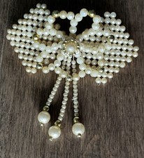 Vtg Faux Pearl Gold Bead Barrette Bow Hair Clip Clasp Wedding