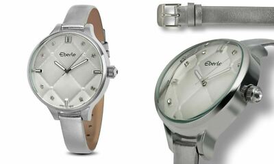 NEW Eberle 9896 Women's Minnette Slim Silver Leather Strap Quilted Dial Watch