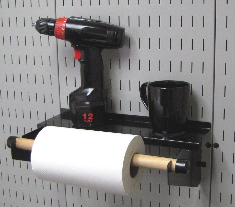 Pegboard Paper Towel Holder and Dowel Rod Pegboard Shelf Assembly for