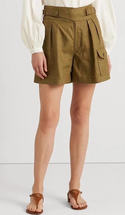 NWT Lauren Ralph Lauren Womens Pleated Stylish 100%Linen Shorts Size 14