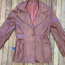 Vintage 1970's Women's SKIN FLAIR Brownish Button Up Disco / Mod Leather Jacket