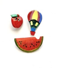 Vintage Hand Painted Handmade Brooch Lot Watermelon Hot Air Balloon Apple D4