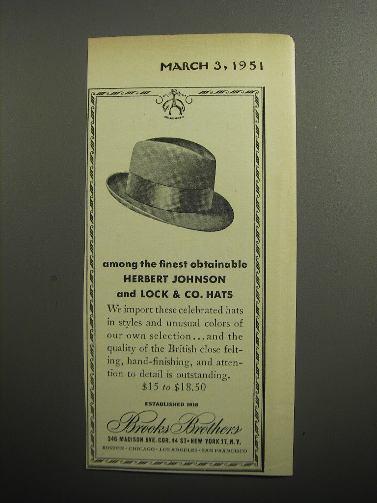 1951 Brooks Brothers Herbert Johnson and Lock Hats Advertisement