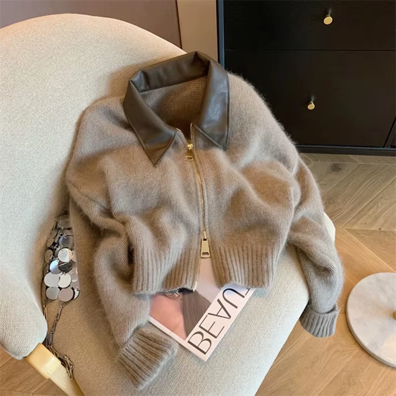 Leather Collar Knit Sweater Fashion Double Zipper Cardigan Women'S